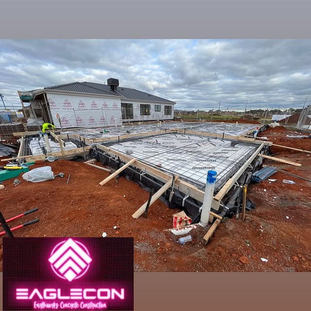 House slab formwork and mesh on a new estate, with the Eaglecon logo in the corner